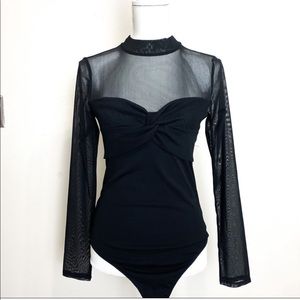 Sheer Mesh long Sleeve High Neck thong Bodysuit